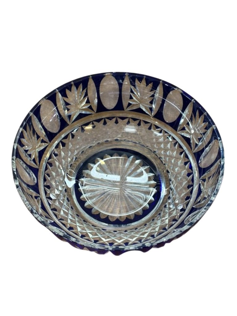 FUENTE DE CRISTAL CHECOSLOVACO AZUL TALLADO - Imagen 6