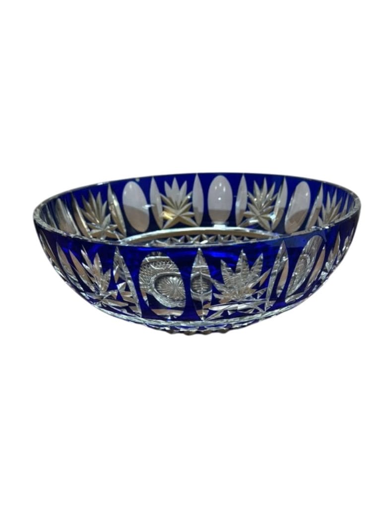 FUENTE DE CRISTAL CHECOSLOVACO AZUL TALLADO - Imagen 7