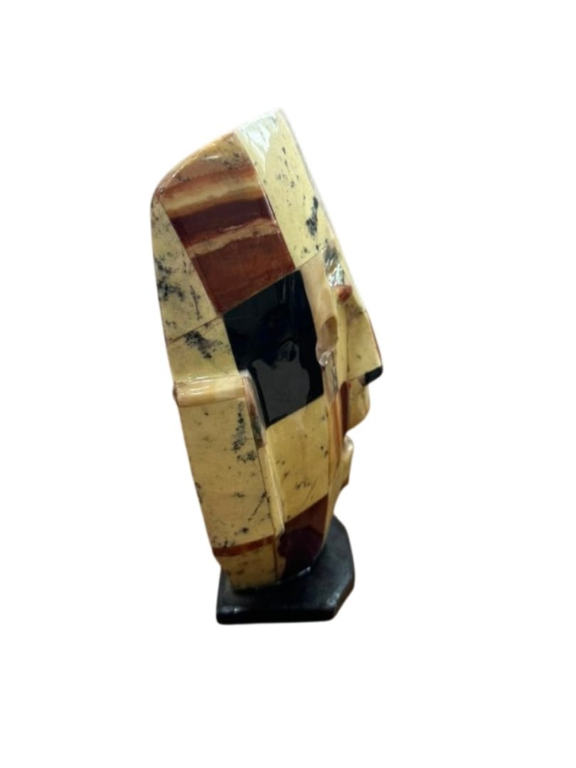 MÁSCARA / ESCULTURA DE ROSTRO EN PIEDRA TIPO MOSAICO PRECOLOMBINO CON BASE - Imagen 3