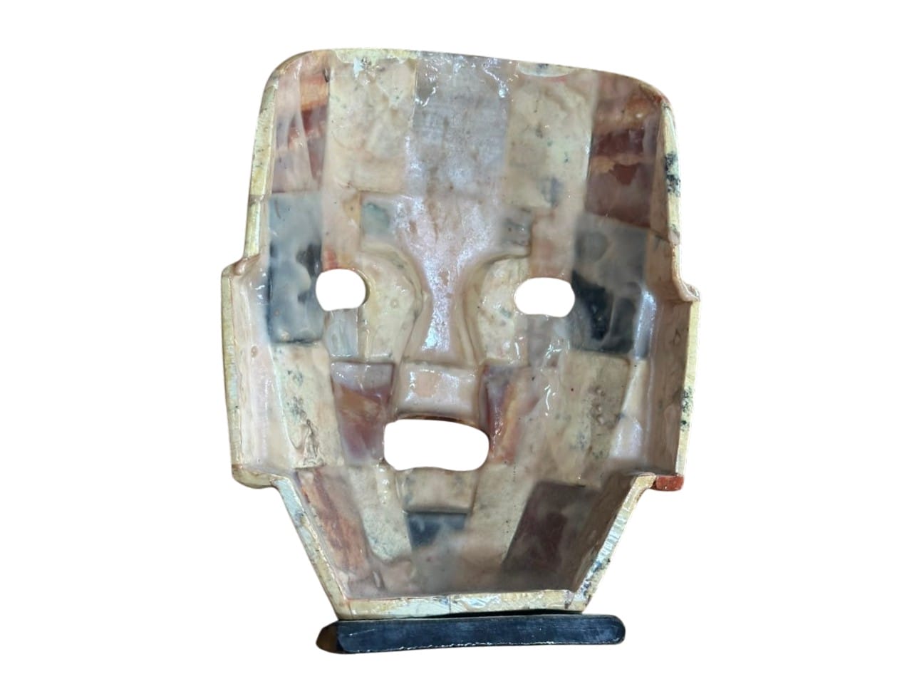 MÁSCARA / ESCULTURA DE ROSTRO EN PIEDRA TIPO MOSAICO PRECOLOMBINO CON BASE - Imagen 7
