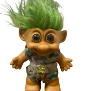 Muñeca vintage Troll - pelo verde y enterito estampado