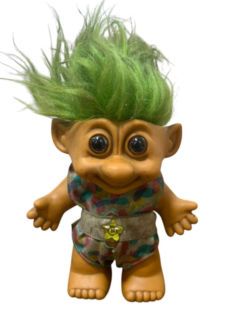 Muñeca vintage Troll - pelo verde y enterito estampado
