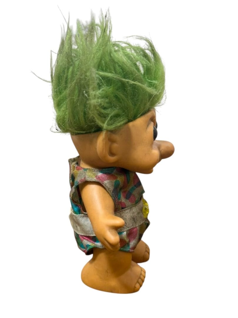 Muñeca vintage Troll - pelo verde y enterito estampado - Imagen 3