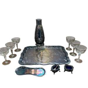 SET DE COCTELERÍA, PLATERÍA Y CRISTALERÍA EN MALETÍN – PLATA LAPPAS / TOLEDO / WRIGHT (INDUSTRIA ARGENTINA)