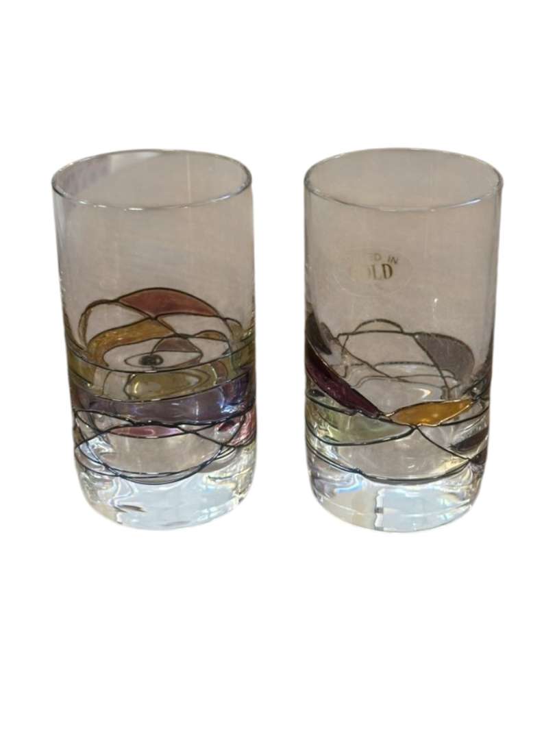 PAR DE SHOTS DE CRISTAL DECORADOS EN ORO – DISEÑO VITRAL VINTAGE