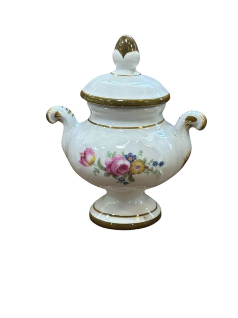 Antiguo jarron pequeño / azucarero de porcelana con tapa
