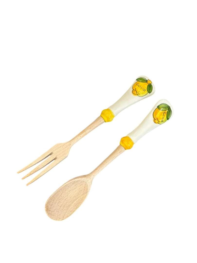 Set de cubiertos para servir de madera y cerámica Sicilia (Tenedor y cucharon)