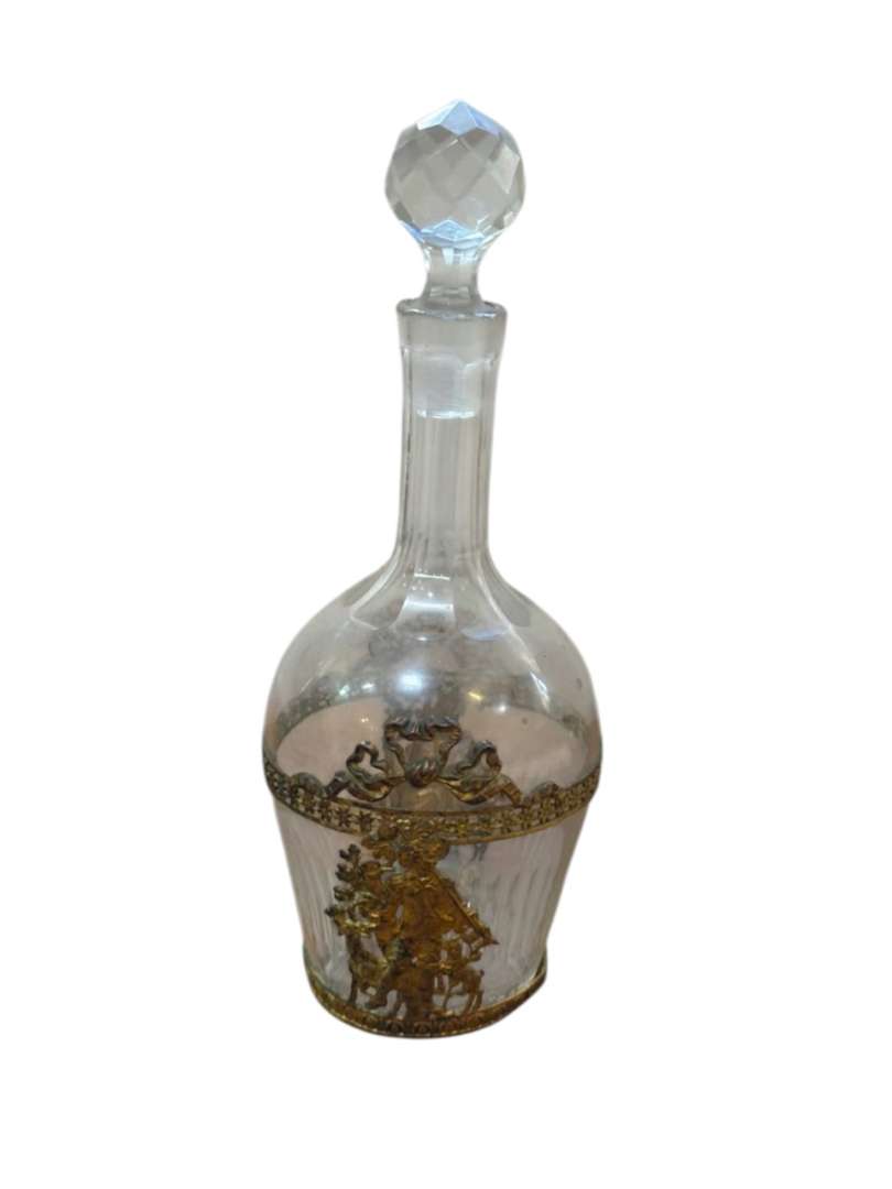 BOTELLA / LICORERA DE CRISTAL TALLADO CON MONTURA DE BRONCE Y TAPÓN FACETADO VINTAGE - Imagen 2