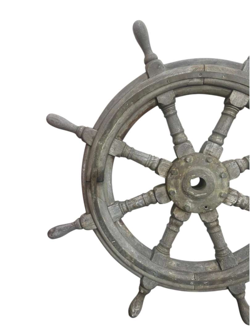 TIMÓN DE BARCO ANTIGUO DE MADERA Y HIERRO – PIEZA NAÚTICA MACIZA - Imagen 9