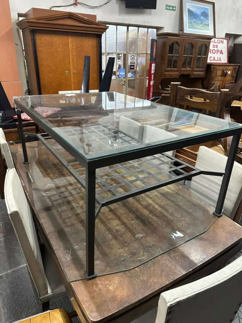 Mesa ratona metálica de hierro gris con tapa de vidrio y estante mallado - Imagen 2
